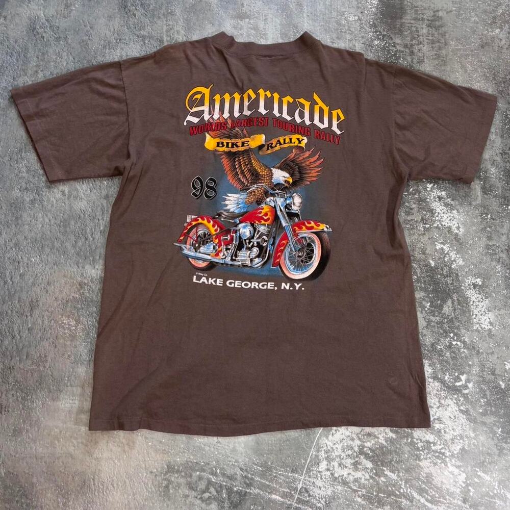 Vintage 90s Americade Brown Bike Rally T Shirt! Lake George Harley Size XL